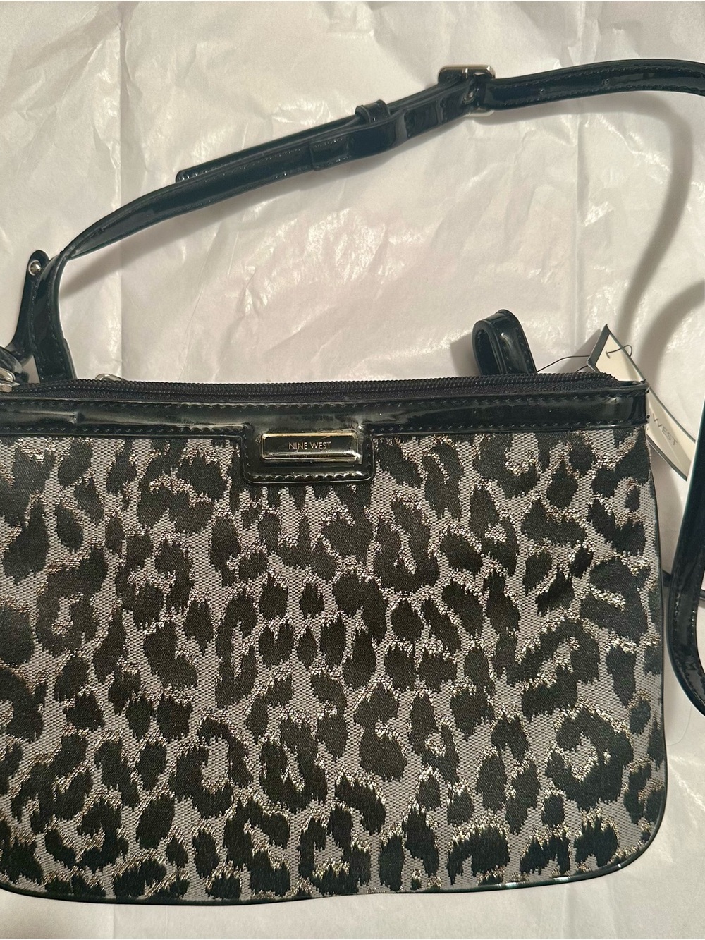 NWT Nine West Black and Gray Leopard Jacquard Crossbody Bag with gold shimmer